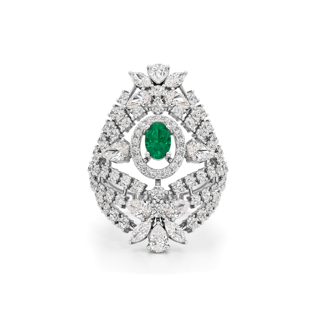 Ornate Emerald and Diamond Cluster Ring