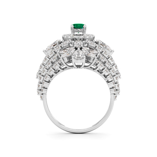 Ornate Emerald and Diamond Cluster Ring