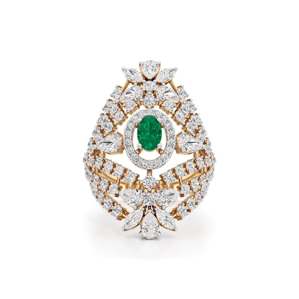 Ornate Emerald and Diamond Cluster Ring
