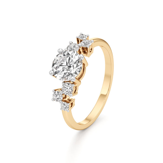 Round Solitaire with Cluster Side Stones Ring