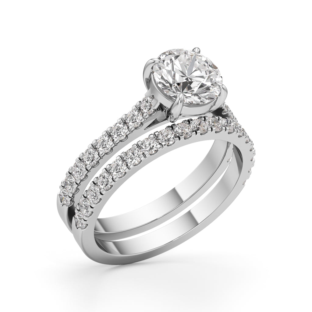 Round Diamond with Double Pave Band Wedding Set
