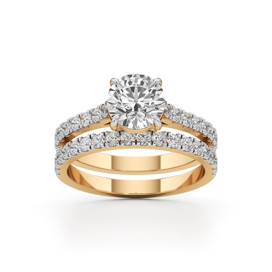 Round Diamond with Double Pave Band Wedding Set