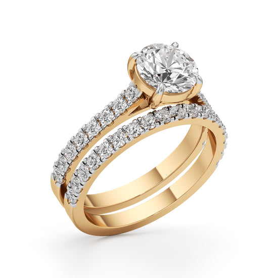 Round Diamond with Double Pave Band Wedding Set