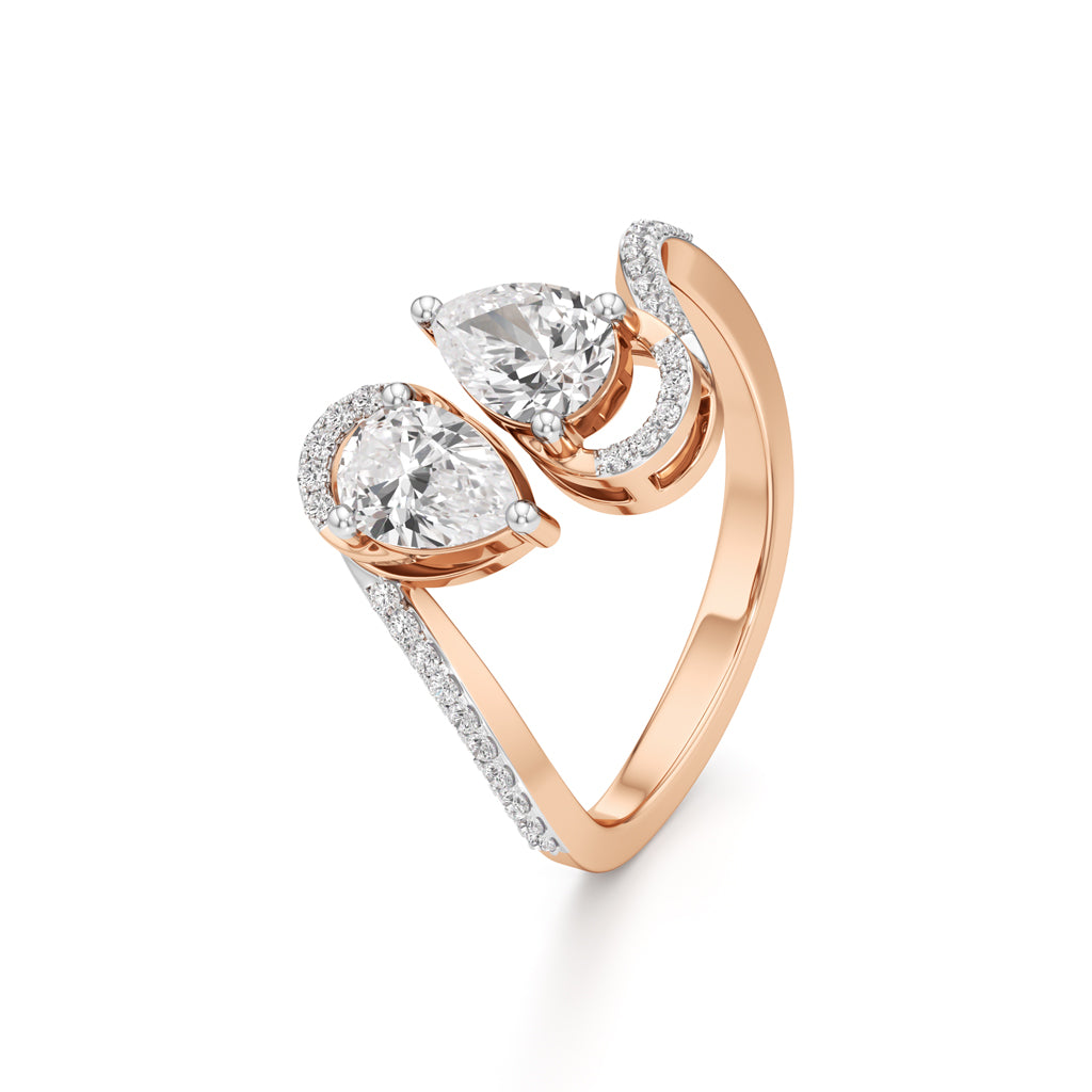 Two Pear Diamond Bypass Ring with Halo Accent