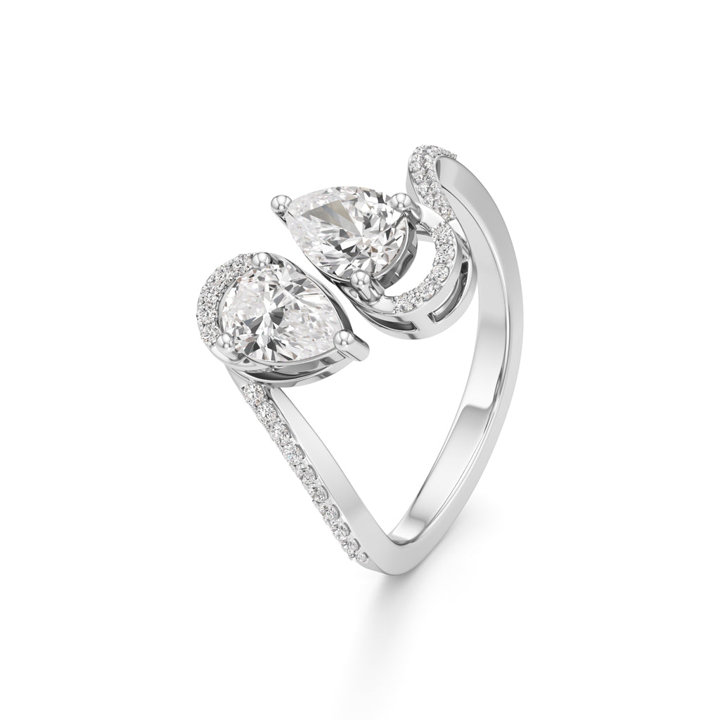 Two Pear Diamond Bypass Ring with Halo Accent