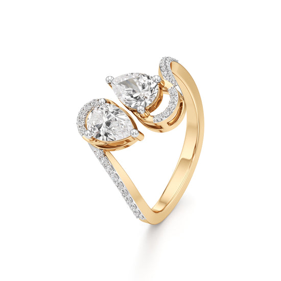 Two Pear Diamond Bypass Ring with Halo Accent