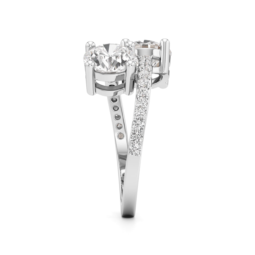 Two-Stone Round Diamond Bypass Ring with Diamond Line