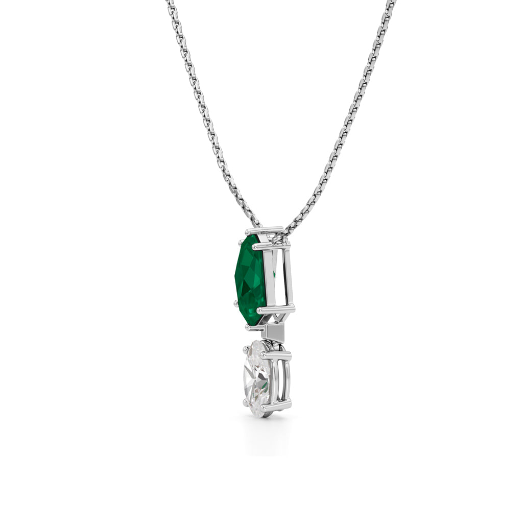Esmeria Emerald & Oval Diamond Drop Pendant Necklace